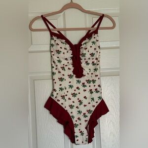 Cherry Print One-Piece Bodysuit with Ruffle Trim
